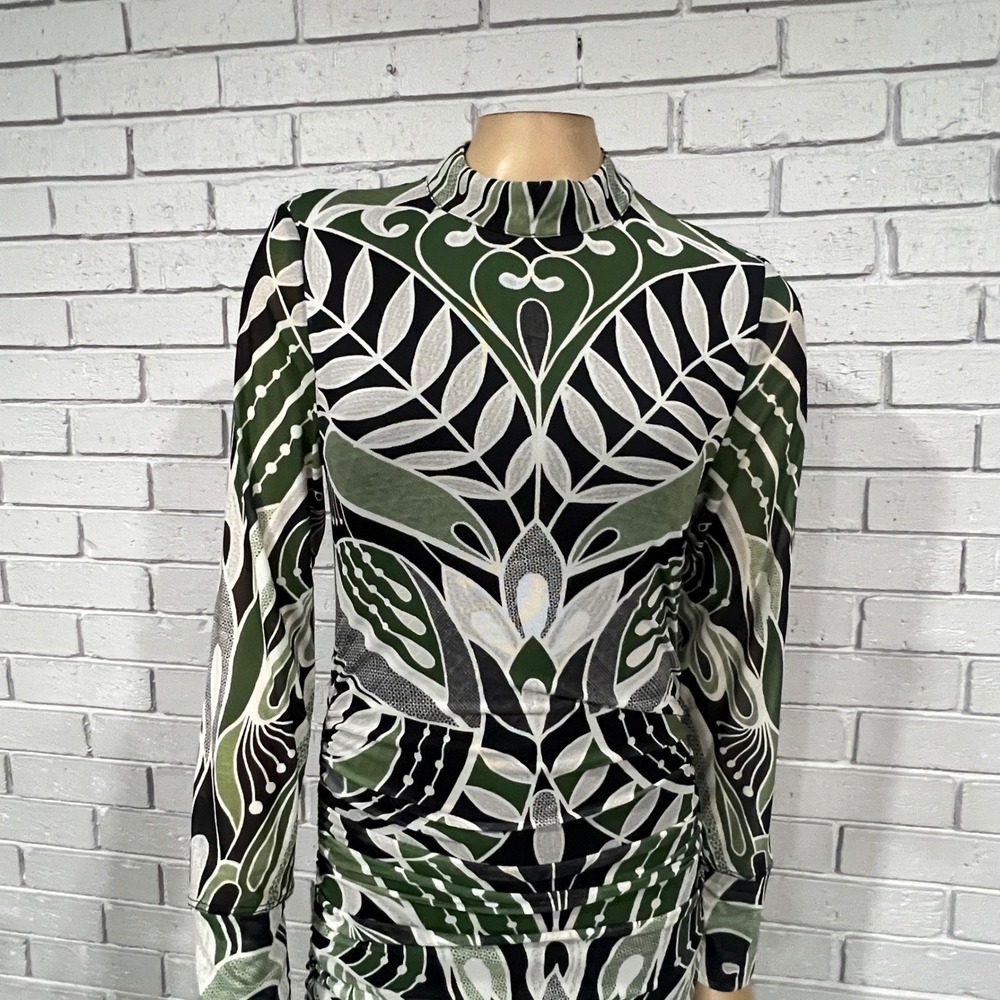 Farm Rio Green Lace Nature Tulle Botanical Mock Neck Midi Dress Boho Glam M NWT - Picture 2 of 11